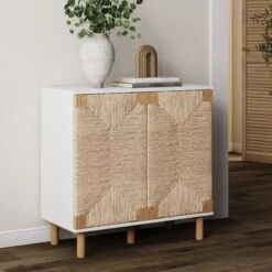 Wood & Seagrass Storage Cabinet White