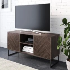 Wood Herringbone TV Cabinet Dark Oak