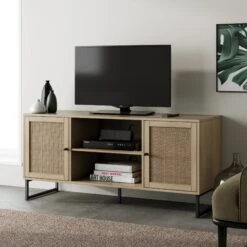 Rattan & Wood 2-Door TV Cabinet Light Oak