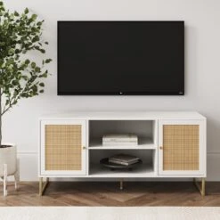 Rattan & Wood 2-Door TV Cabinet White