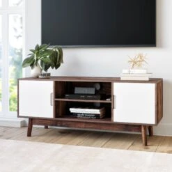 Wood TV Cabinet Warm Medium Walnut White