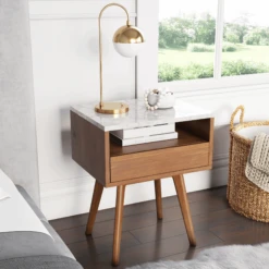 Faux Marble & Wood Nightstand With Drawer