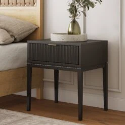 Boho Wood Fluted Nightstand Black Oak