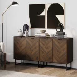 Wood Herringbone Console Table Walnut