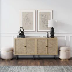 Wood & Rattan Console Table Light Oak